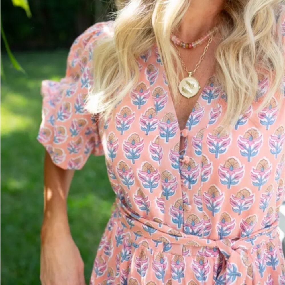 Marea Colette Coral Multi Floral Short Puff Sleeves Cottagecore Midi Dress Large - Picture 12 of 12